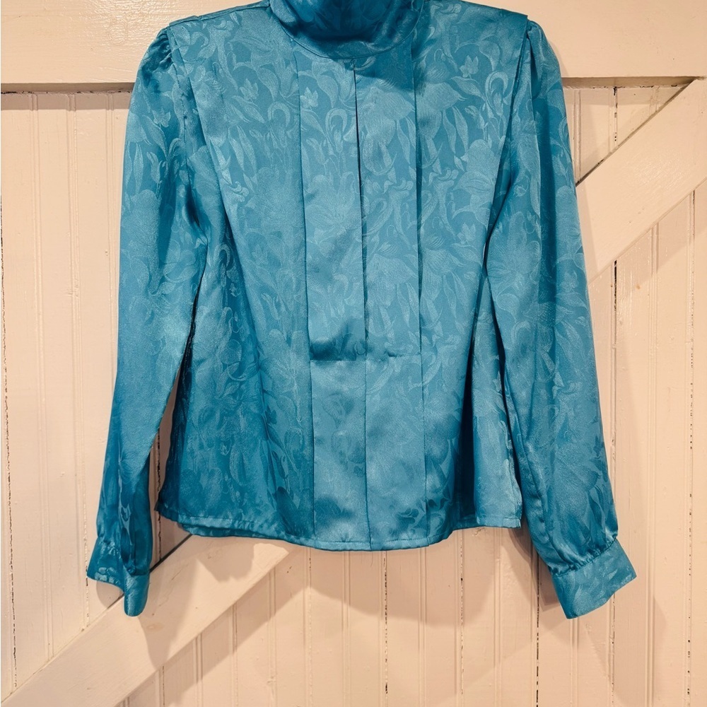 Vintage Teal Jacquard High Neck Satin Blouse Small - Picture 10 of 11